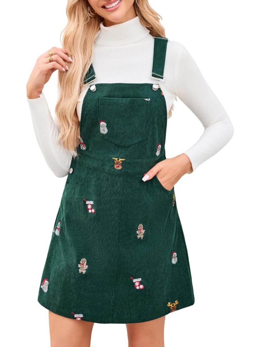 Women Embroidered Corduroy Mini Pinafore Dress Adjustable Strap Christmas